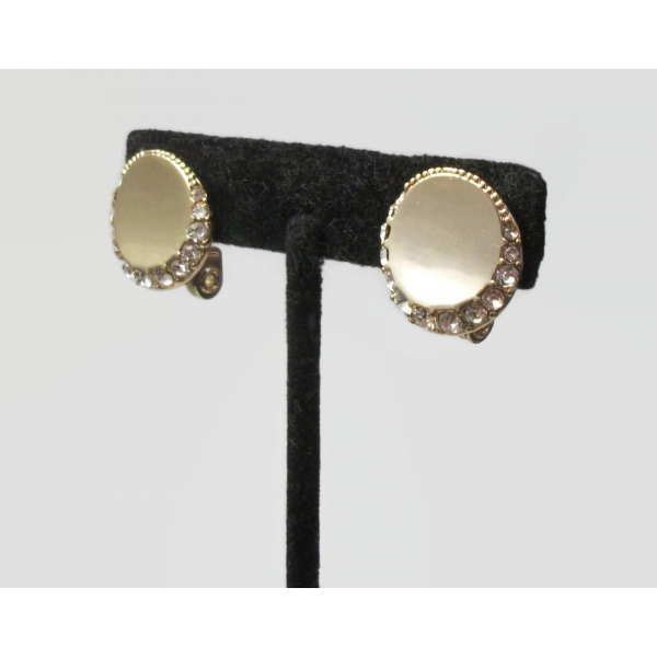 Vintage Monet Gold Disc Clip on Earrings with Clear Crystals