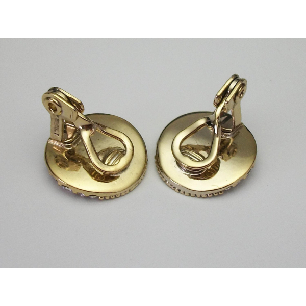 Vintage Monet Gold Disc Clip on Earrings with Clear Crystals