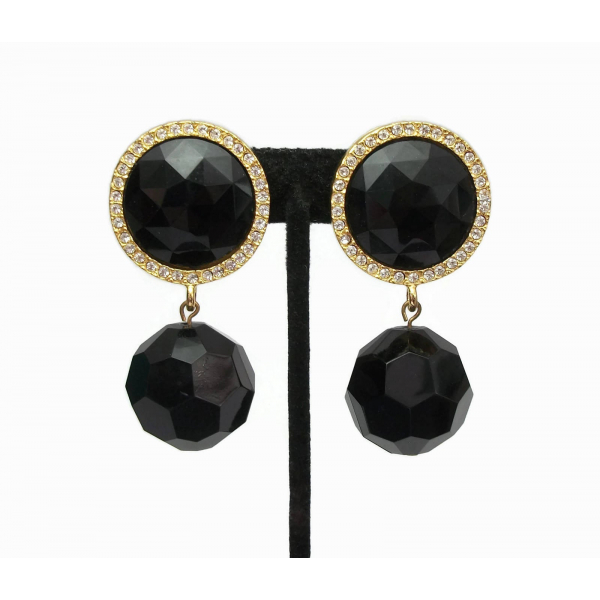 Vintage Signed Les Bernard Chunky Black & Gold Drop Clip On Earrings