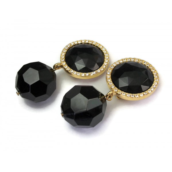 Vintage Signed Les Bernard Chunky Black & Gold Drop Clip On Earrings