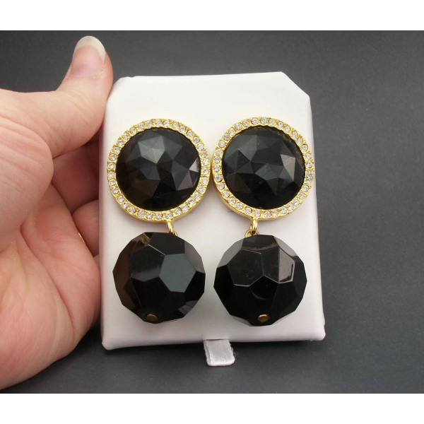 Vintage Signed Les Bernard Big Chunky Black & Gold Drop Clip On Earrings