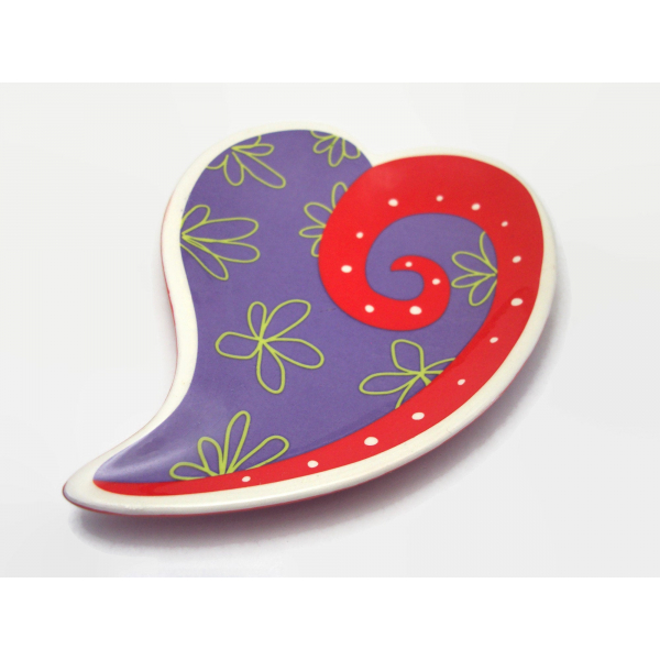 Vintage Purple and Red Heart Shaped Trinket Dish Floral Porcelain Ring Dish