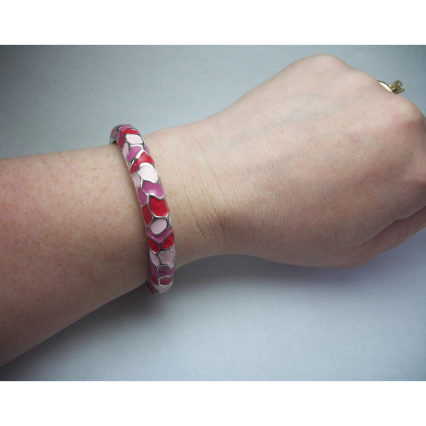 Vintage Pink and Red Enamel Hinged Bangle Clamper Bracelet