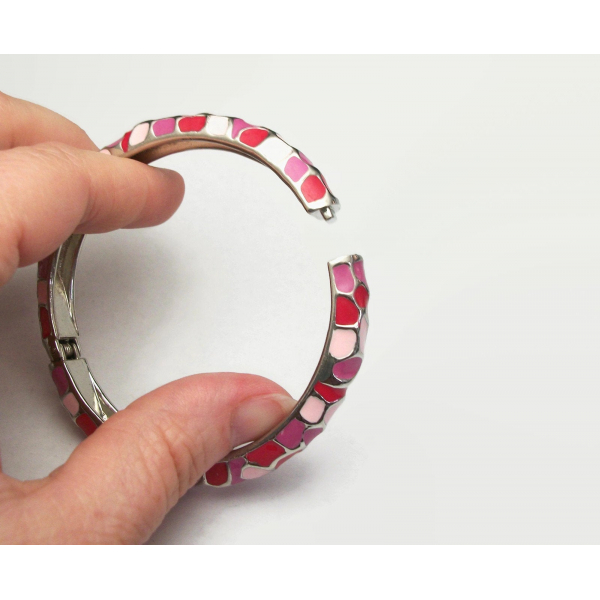 Pink and Red Enamel Hinged Bangle Clamper Bracelet