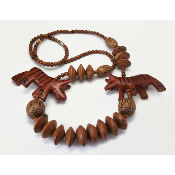 Vintage Chunky Wood Beaded Necklace Tribal Chunky Animal Beads Tiger Boho