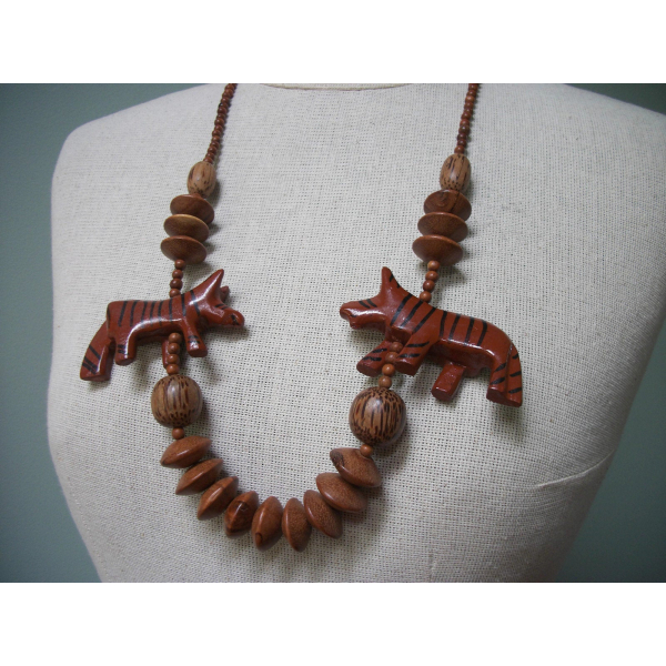 Vintage Chunky Wood Beaded Necklace Tribal Chunky Animal Beads Tiger Boho