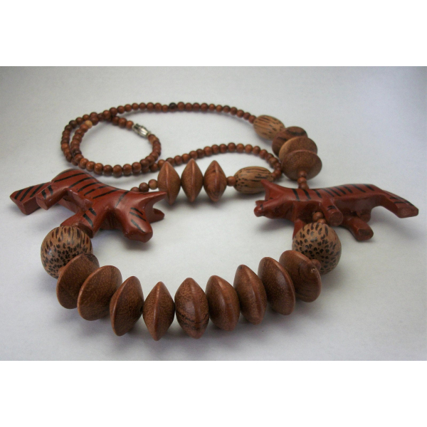 Vintage Chunky Wood Beaded Necklace Tribal Chunky Animal Beads Tiger Boho
