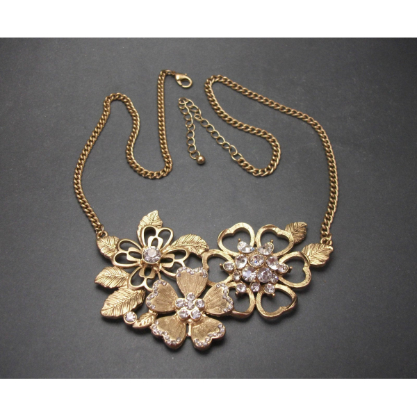 Vintage Brushed Gold Tone Floral Flower Bib Necklace with Clear Crystals