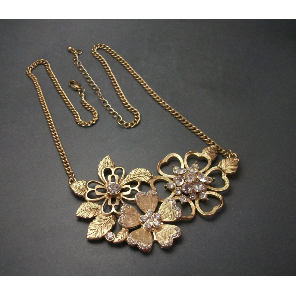 Vintage Brushed Gold Tone Floral Flower Bib Necklace with Clear Crystals