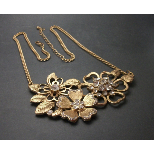 Vintage Brushed Gold Tone Floral Flower Bib Necklace with Clear Crystals