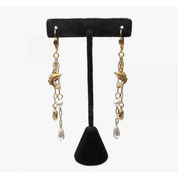 Vintage Sailfish and Oyster Shell Pearl Drop Earrings Long 3 1/2 inch Gold