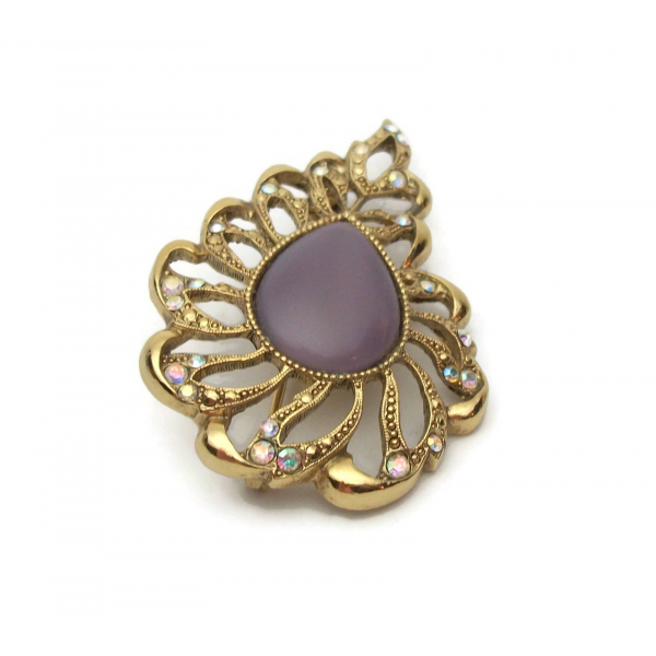 Vintage 1928 Purple Moonglow AB Crystal Openwork Brooch Pin with Cabochon