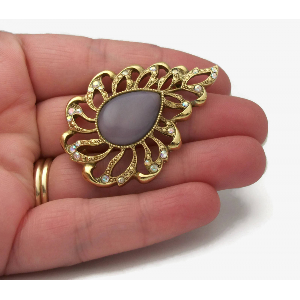 Vintage 1928 Purple Moonglow AB Crystal Openwork Brooch Pin with Cabochon