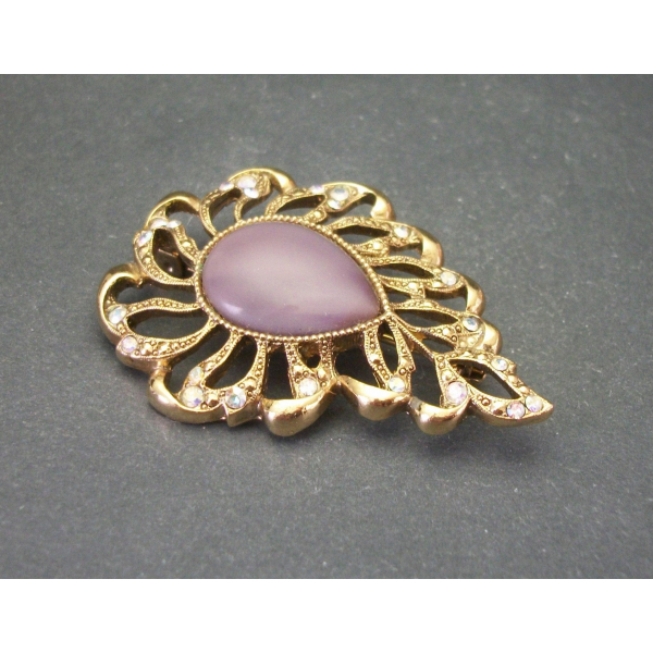 Vintage 1928 Purple Moonglow AB Crystal Openwork Brooch Pin with Cabochon