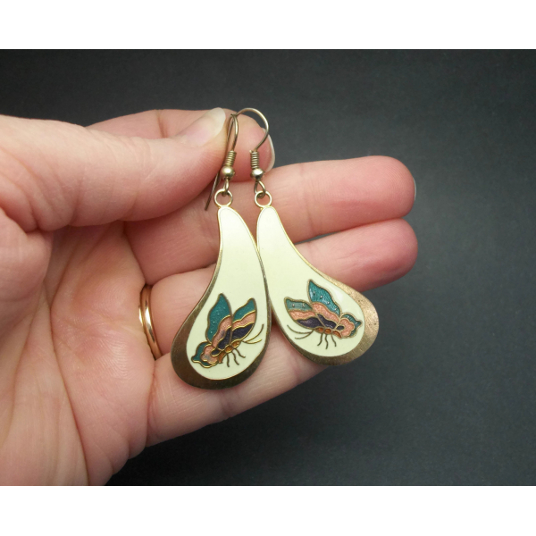 Vintage Cloisonne Enamel Butterfly Drop Earrings Dangle Hook Earring Cream White