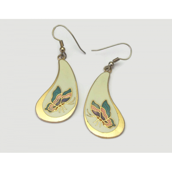 Vintage Cloisonne Enamel Butterfly Drop Earrings Dangle Hook Earring Cream White