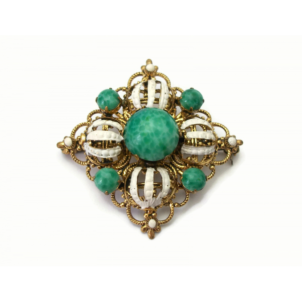Vintage Green and White Ornate Square Gold Filigree Brooch Glass Beads