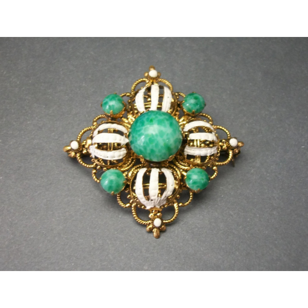 Vintage Green and White Ornate Square Gold Filigree Brooch Glass Beads