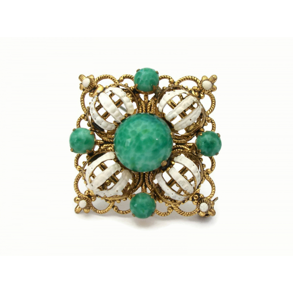 Vintage Green and White Ornate Square Gold Filigree Brooch Glass Beads