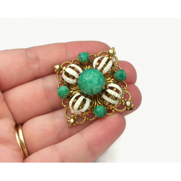 Vintage Green and White Ornate Square Gold Filigree Brooch Glass Beads
