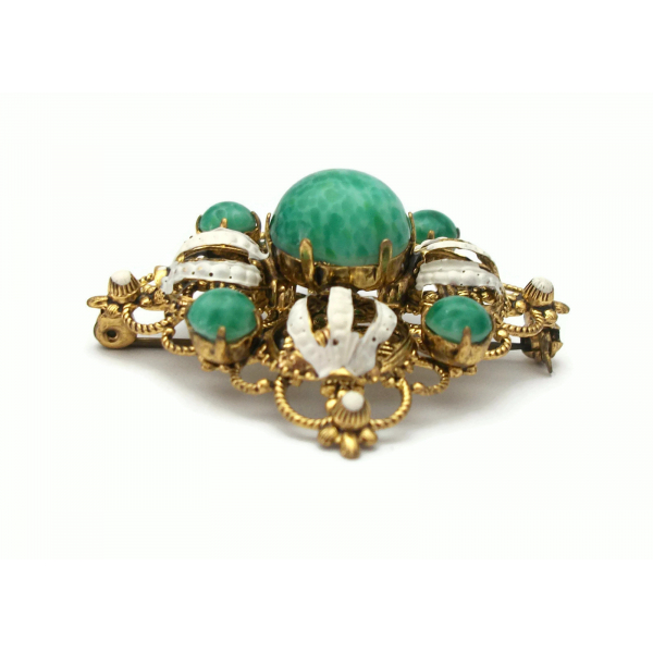 Vintage Green and White Ornate Square Gold Filigree Brooch Glass Beads