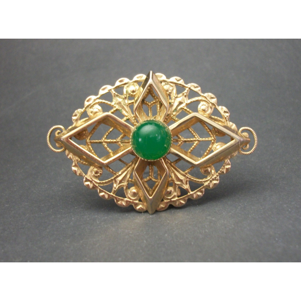 Vintage Sarah Coventry Gold Filigree Brooch Green Stone Cabochon Unisex Pin