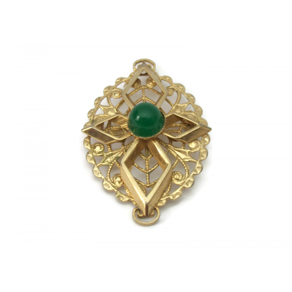 Vintage Sarah Coventry Gold Filigree Brooch Green Stone Cabochon Cross Pin