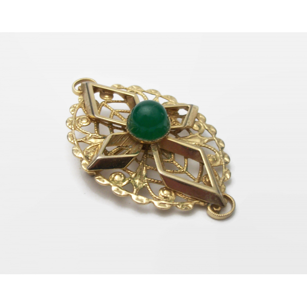 Vintage Sarah Coventry Gold Filigree Brooch Green Stone Cabochon Gold Lapel Pin