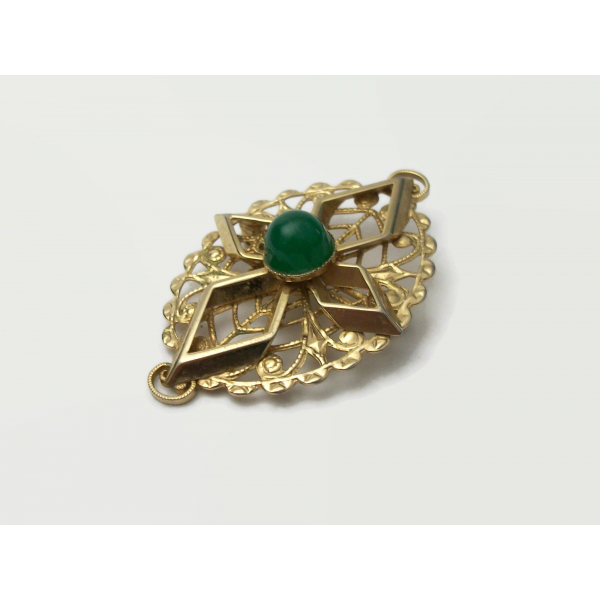 Vintage Sarah Coventry Gold Filigree Brooch Green Stone Cabochon and Gold Tone
