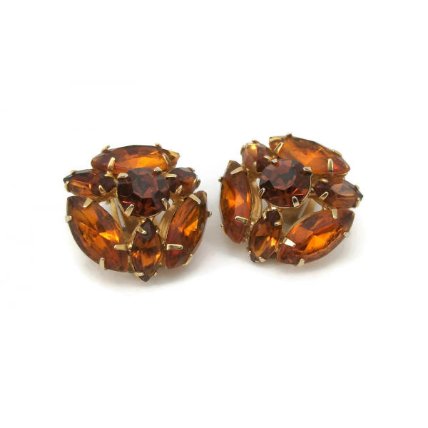 Vintage Topaz Colored Rhinestone Clip On Earrings Marquise November birthstone