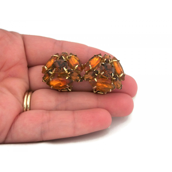 Vintage Topaz Colored Rhinestone Clip On Earrings Prong Set Round Cut Marquise