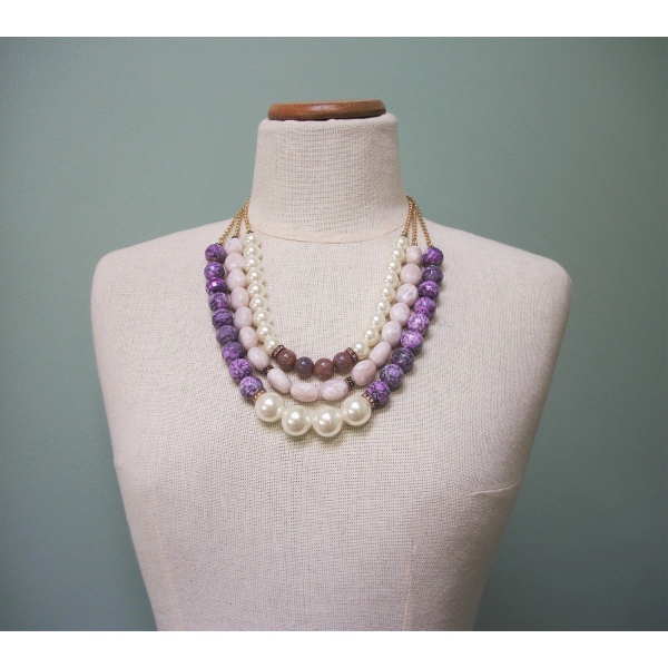 Talbots chunky purple triple strand beaded necklace