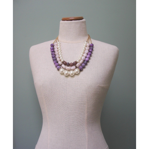 Talbots chunky purple triple strand beaded necklace