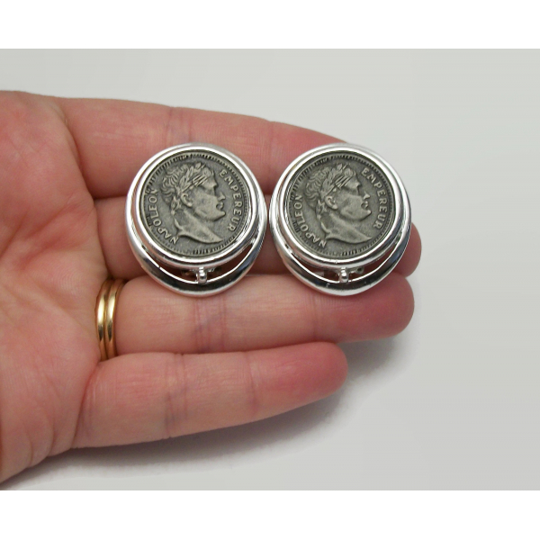 Vintage Napoleon Coin Silver Tone Clip on Earrings