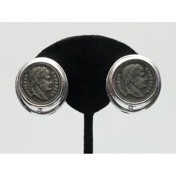 Vintage Napoleon Coin Silver Tone Clip on Earrings