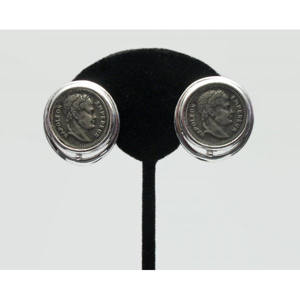 Vintage Napoleon Coin Silver Tone Clip on Earrings