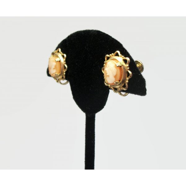 Vintage Genuine Carved Shell Cameo Screw Back Earrings