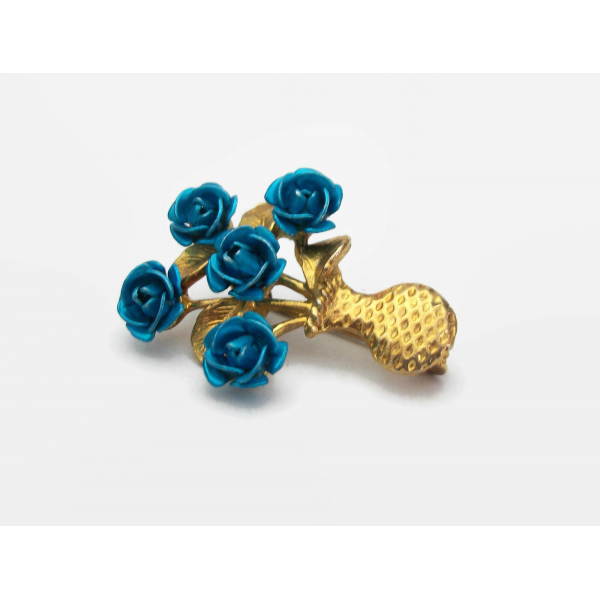 Vintage Teal Rose Bouquet Brooch Gold Tone Lapel Pin