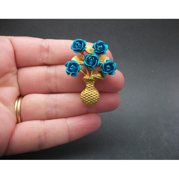 Teal blue and gold floral brooch lapel pin