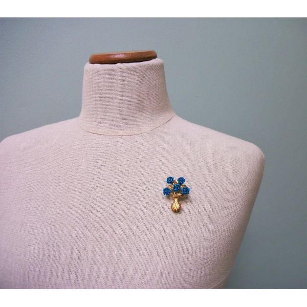 Teal blue and gold floral brooch lapel pin