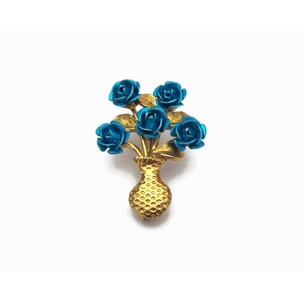 Vintage Teal Rose Bouquet Brooch Gold