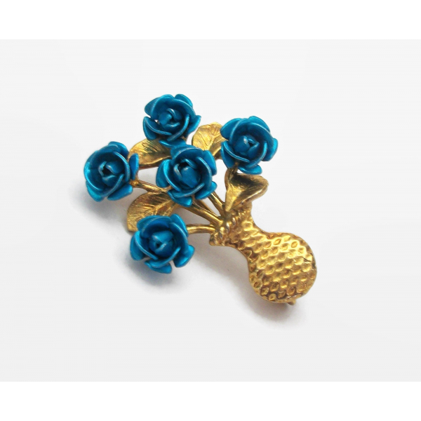 Teal blue and gold floral brooch lapel pin