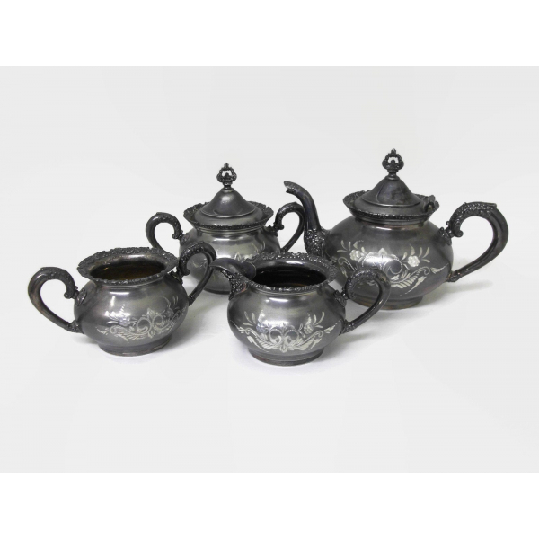 Antique Late 1800s Van Bergh Quadruple Silver Plate Tea Service Set