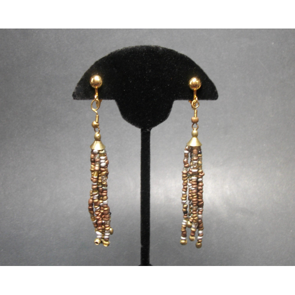 Vintage 3 inch Bead Tassel Clip on Earrings Bronze SIlver Brass Brown Black Boho