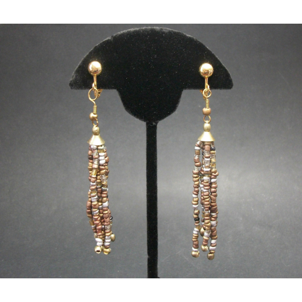 Vintage 3 inch Bead Tassel Clip on Earrings Bronze SIlver Brass Brown Black Boho