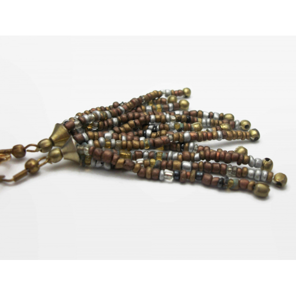 Vintage 3 inch Bead Tassel Clip on Earrings Bronze SIlver Brass Brown Black Boho