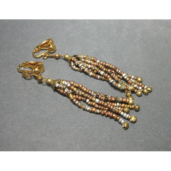 Vintage 3 inch Bead Tassel Clip on Earrings Bronze SIlver Brass Brown Black Boho