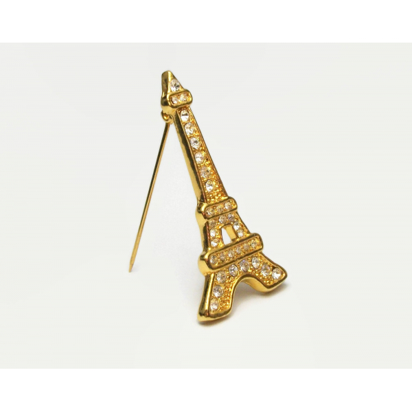 Vintage Eiffel Tower Shaped Brooch Gold Tone with Clear Rhinestones