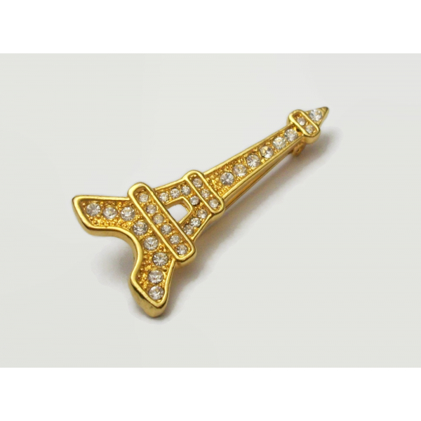 Vintage Eiffel Tower Shaped Brooch Gold Tone with Clear Rhinestones
