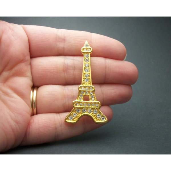 Vintage Eiffel Tower Shaped Brooch Gold Tone with Clear Rhinestones